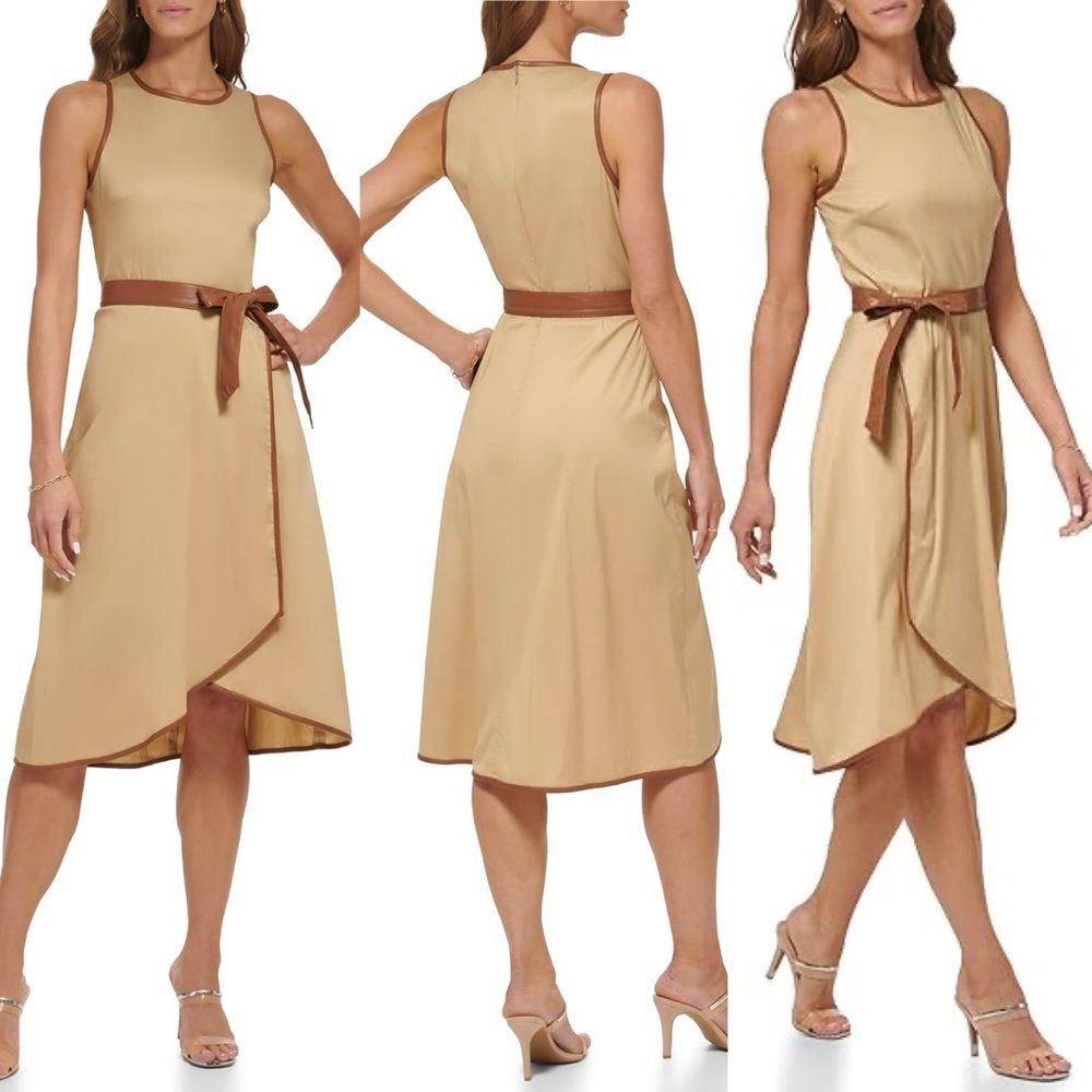 New DKNY Midi Sleeveless Faux Wrap Dress Tan Brown 6 - Picture 1 of 10